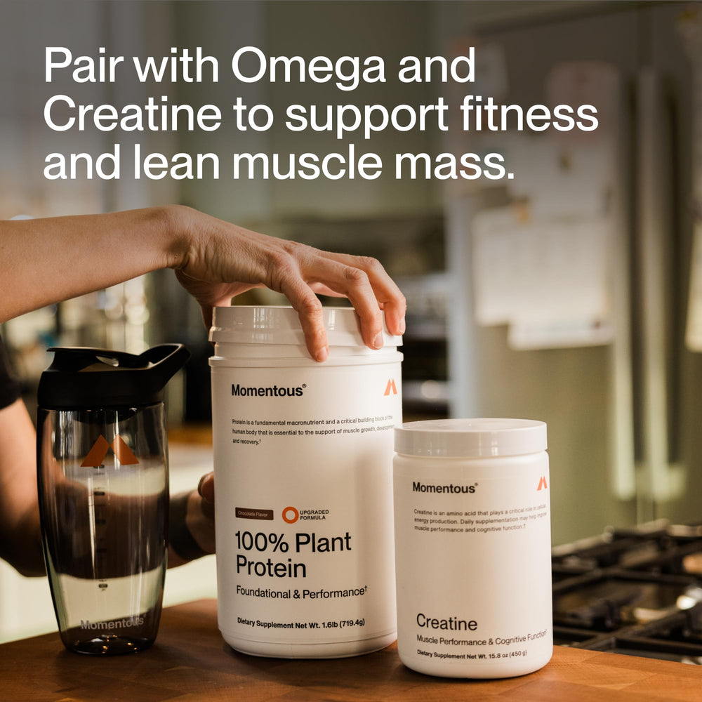 Momentous Vegan Protein Powder Chocolate packaging on kitchen counter for everyday use.