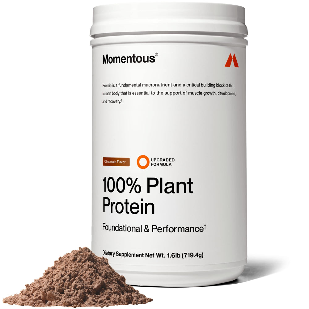 Momentous Vegan Protein Powder Chocolate tub for daily protein support.