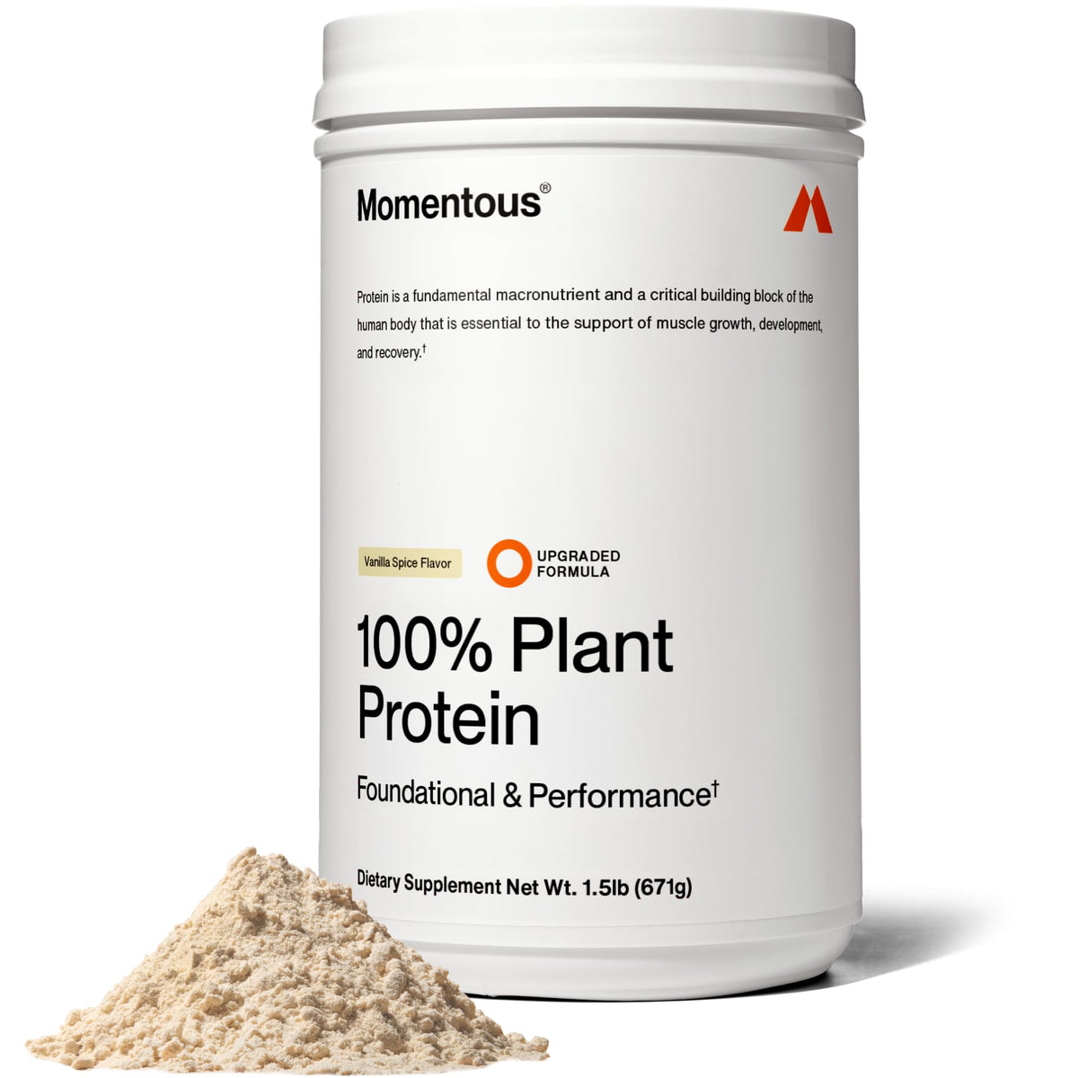 Momentous Vegan Protein Powder Vanilla Spice tub for plant-based protein boost