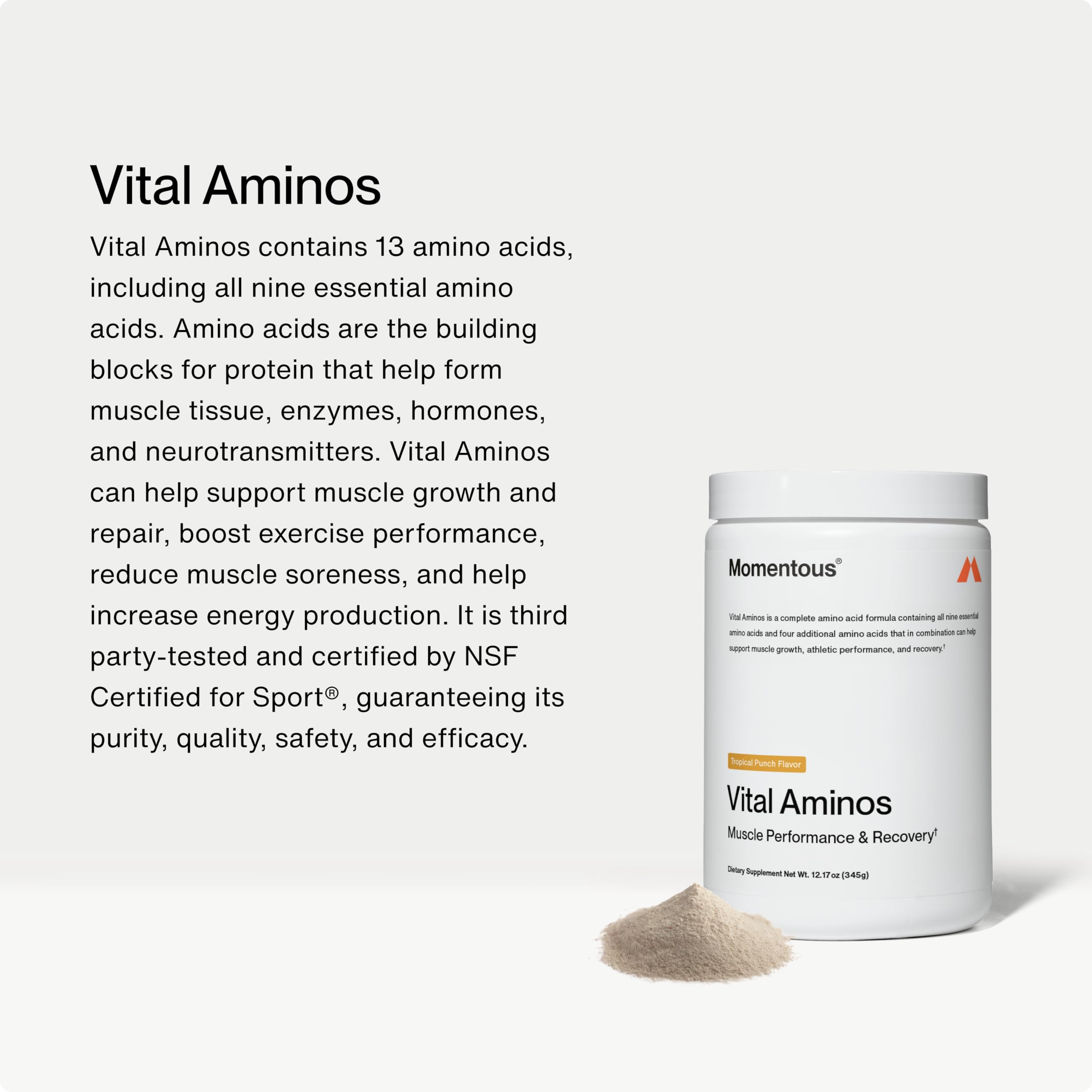 Close-up of Vital Aminos powder being poured for pre- or post-workout use