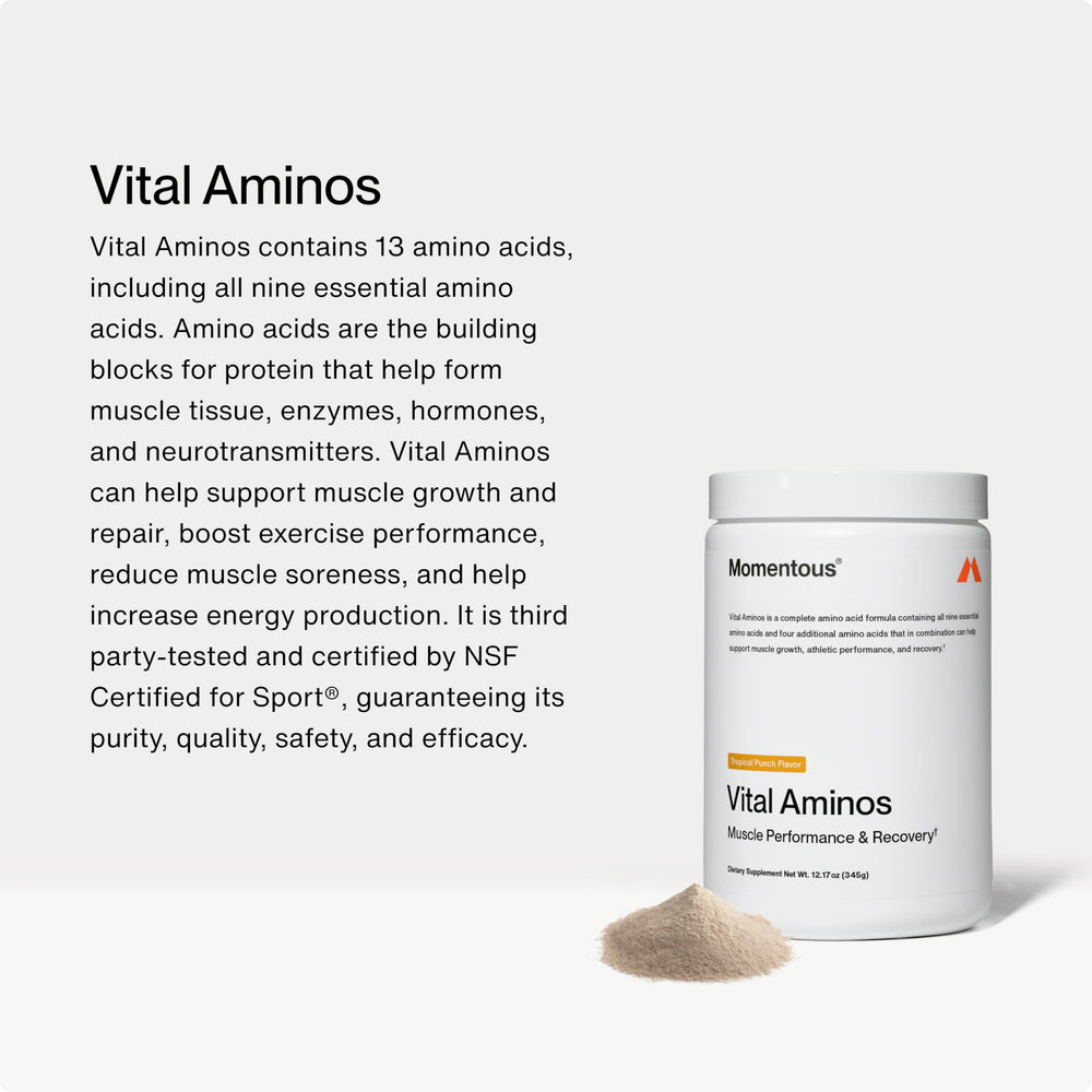 Close-up of Vital Aminos powder being poured for pre- or post-workout use