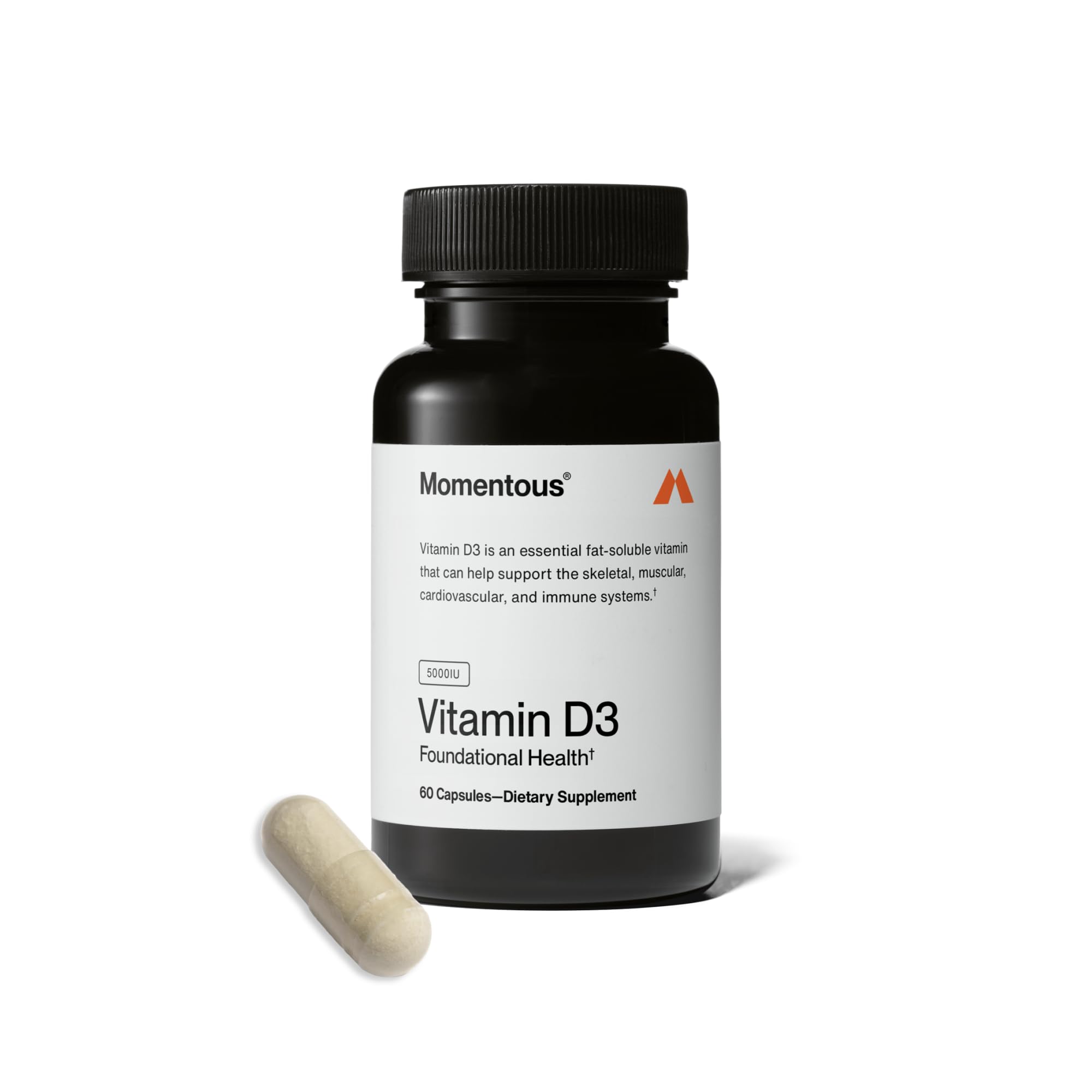 Momentous Vitamin D3 bottle cap close-up, NSF Certified for Sport, supports bone health.