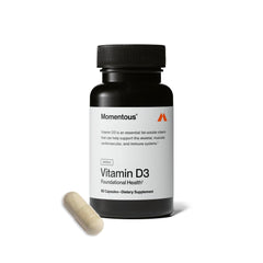 Momentous Vitamin D3 bottle cap close-up, NSF Certified for Sport, supports bone health.