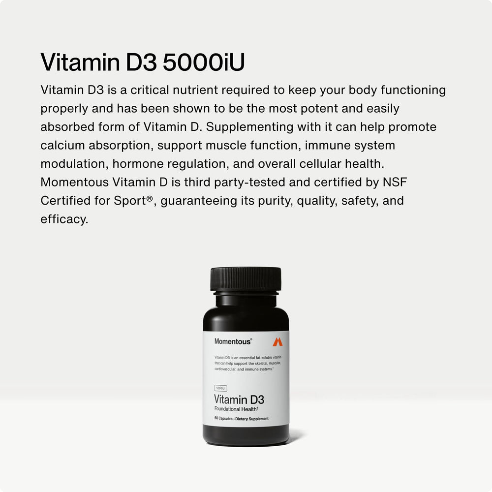 Momentous Vitamin D3 bottle pour shot showing easy daily dosing for bone health.