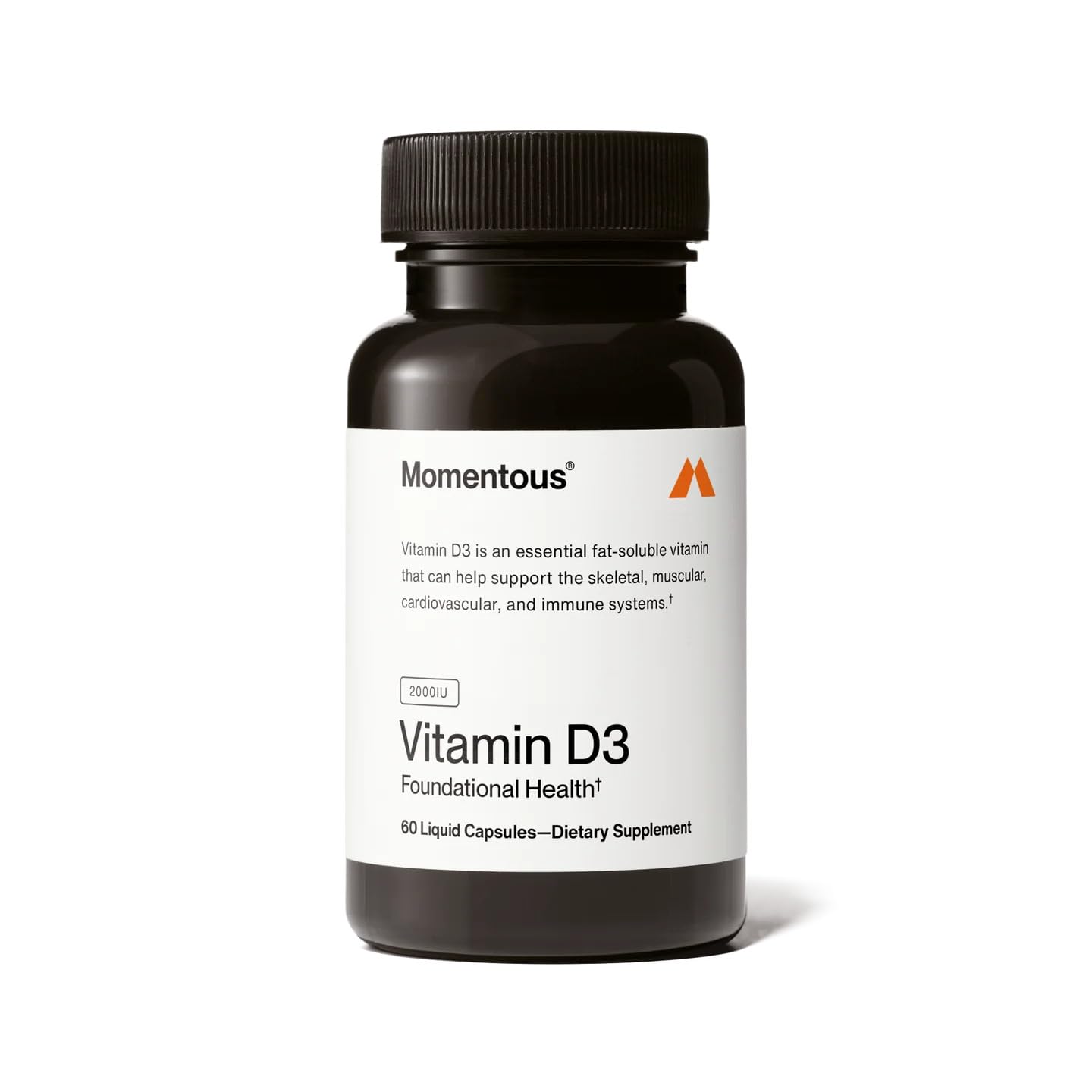 Momentous Vitamin D3 bottle and capsules for bone and immune support