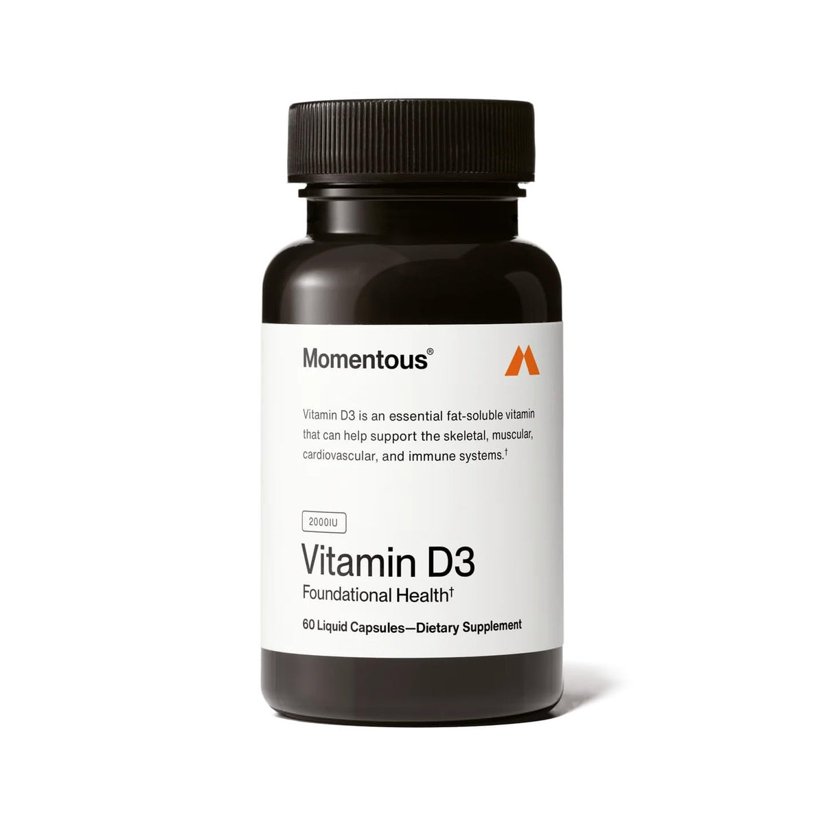 Momentous Vitamin D3 bottle and capsules for bone and immune support