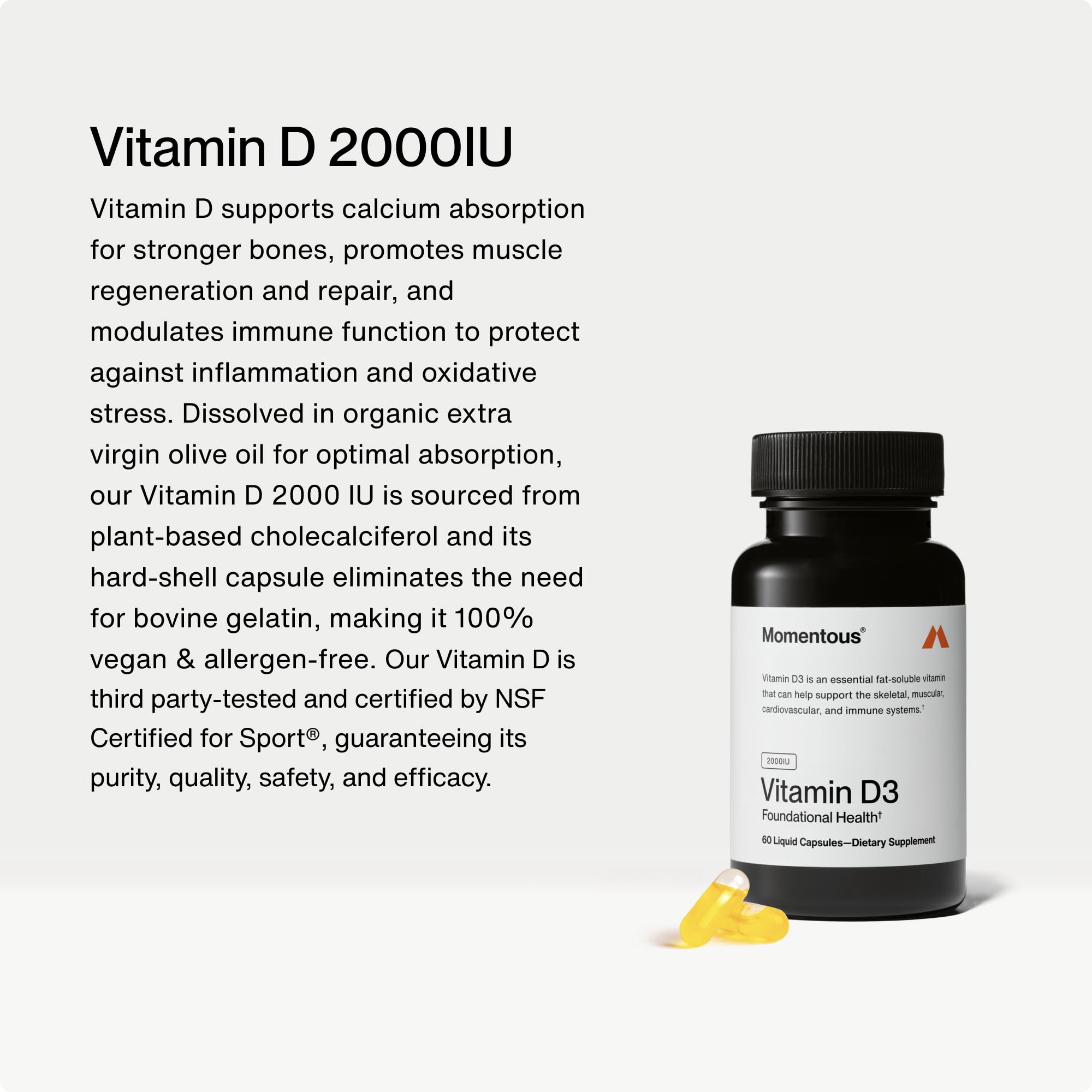 Close-up of Momentous Vitamin D3 capsules showing high-potency delivery