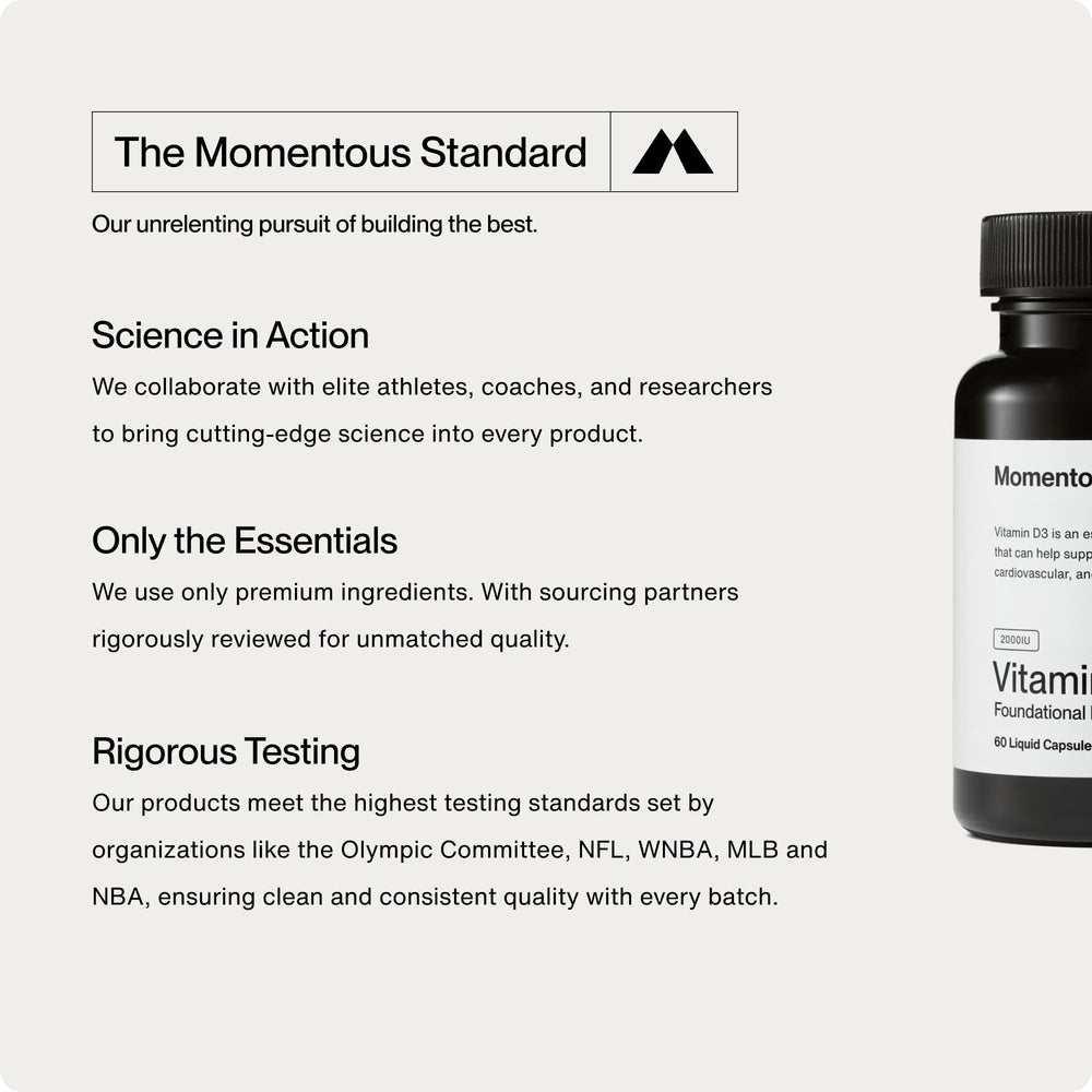 Daily-use Momentous Vitamin D3 bottle with clear dosage guidance