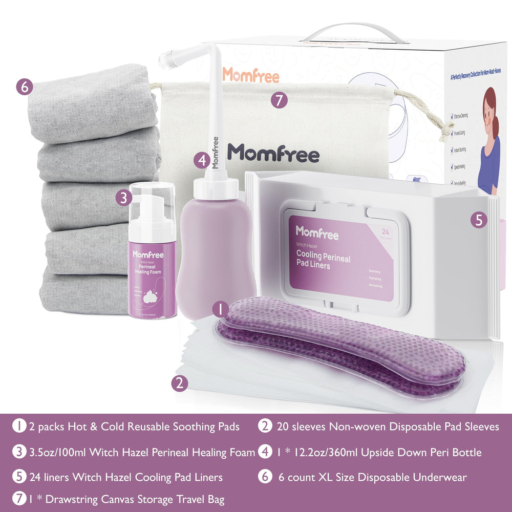 Momfree postpartum care kit organized in a compact, portable bundle