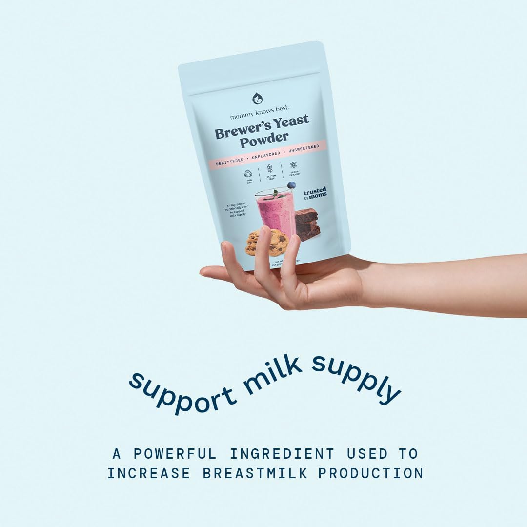 Mommy Knows Best brewers yeast powder jar highlights nutrient-rich ingredients.