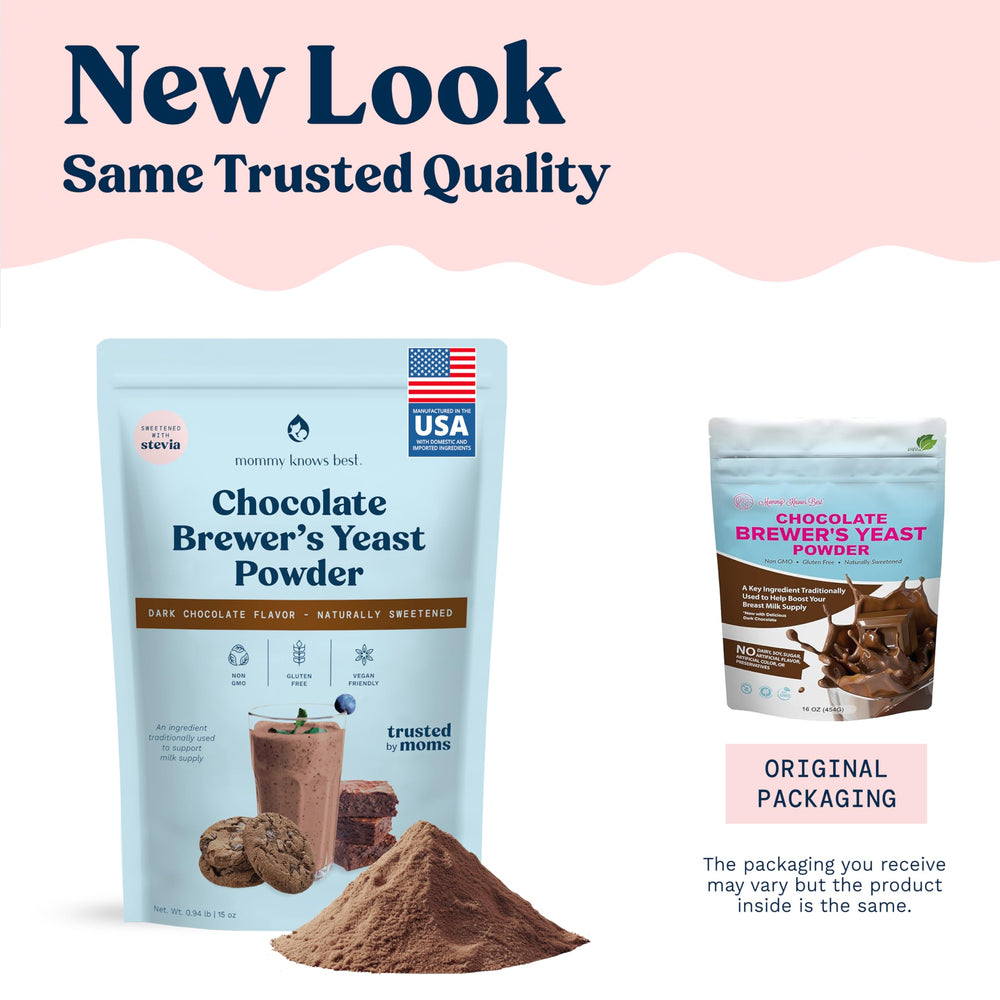 Mommy Knows Best brewers yeast powder scoop included for easy measuring.