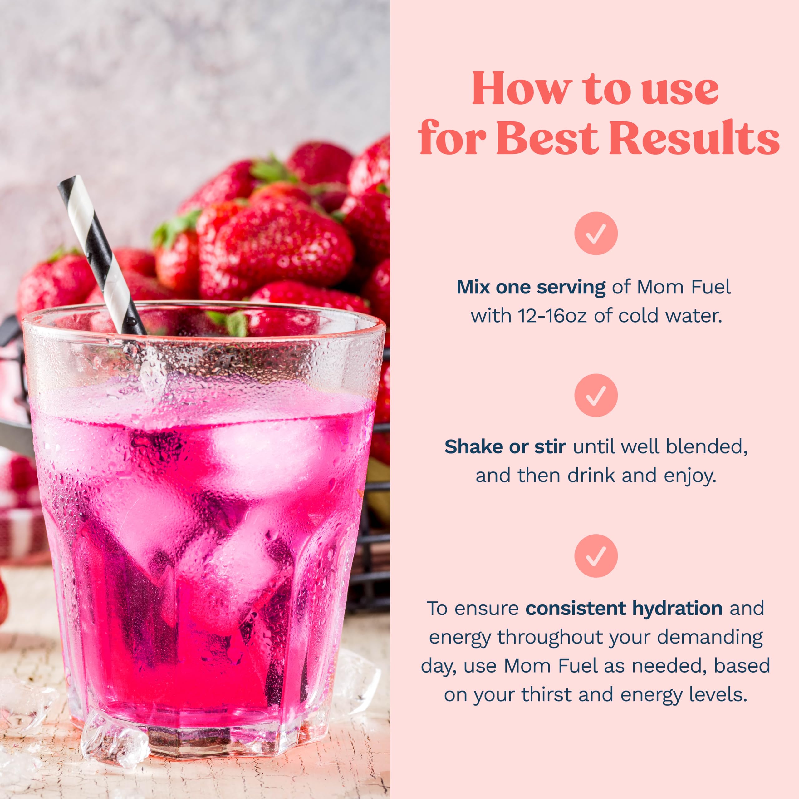 Mommy Knows Best Mom Fuel glass with straw illustrates refreshing, caffeine-free hydration