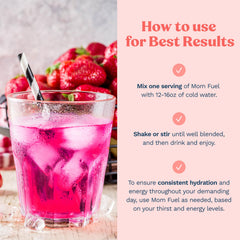 Mommy Knows Best Mom Fuel glass with straw illustrates refreshing, caffeine-free hydration