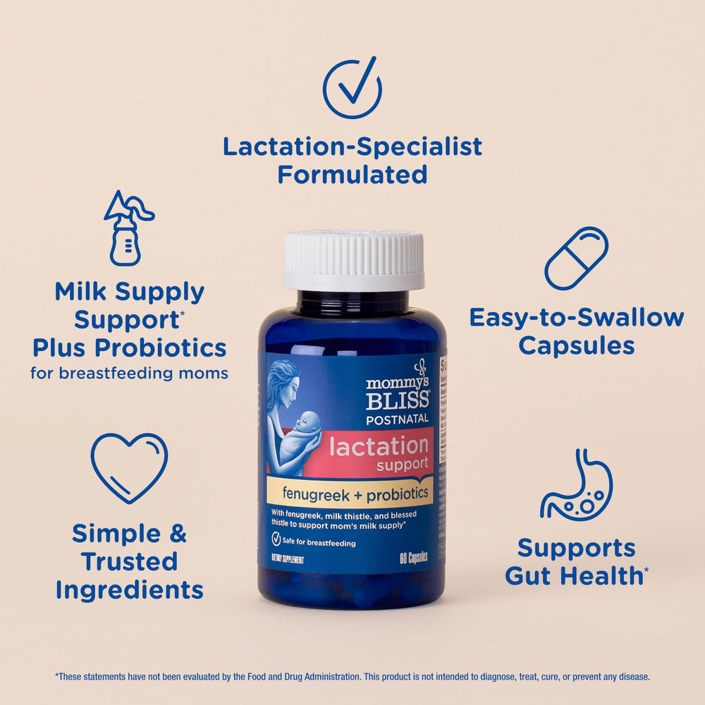Mommy's Bliss packaging 60 servings: clearly labeled dosing for daily lactation support.