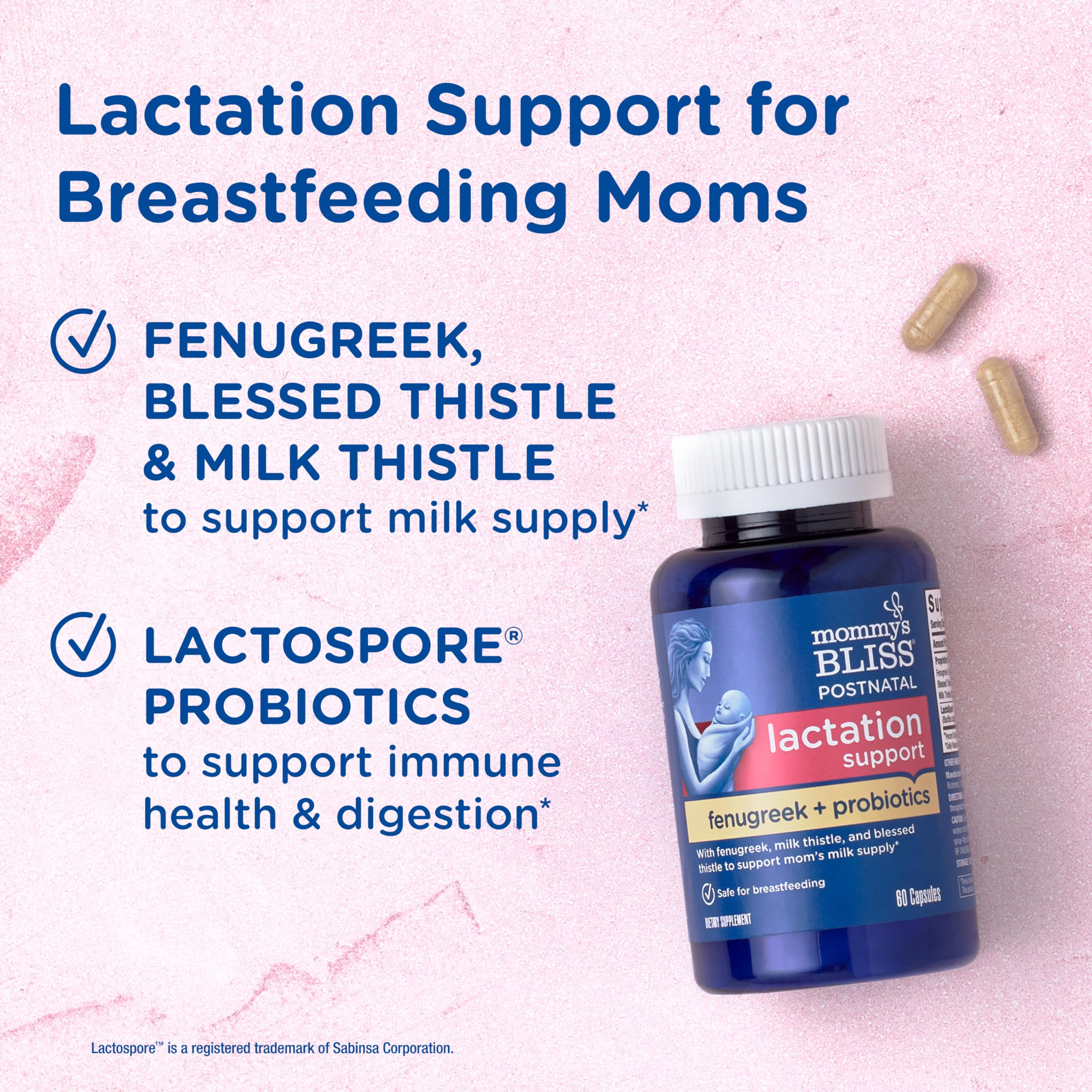 Mommy's Bliss postnatal lactation capsules closeup: vegan, plant-based support for milk supply.
