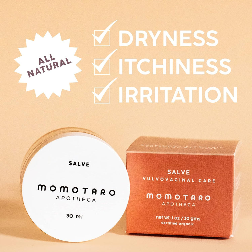 MOMOTARO APOTHECA organic vulva salve application shows soothing relief.