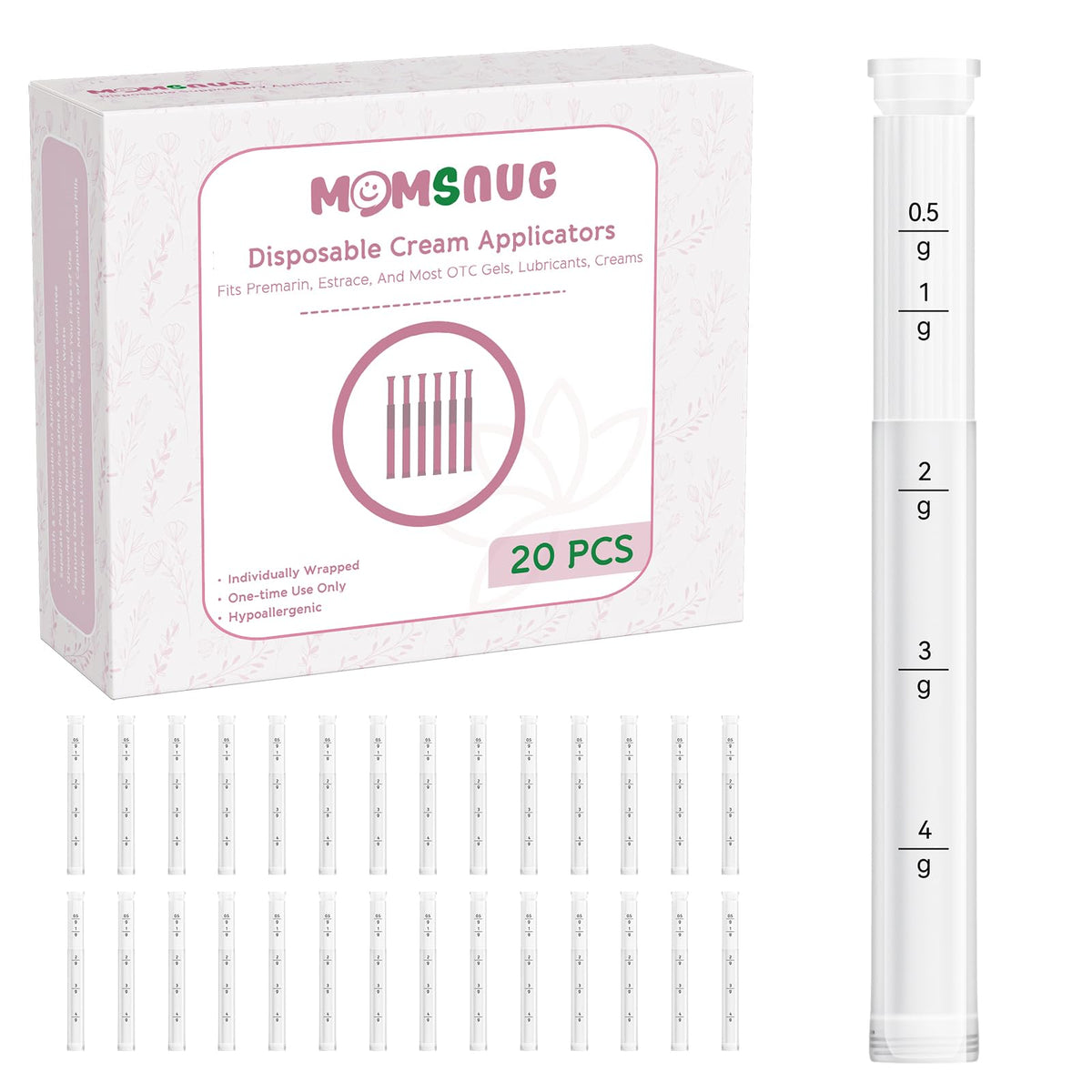 Momsnug disposable vaginal applicator with round tip for gentle insertion.