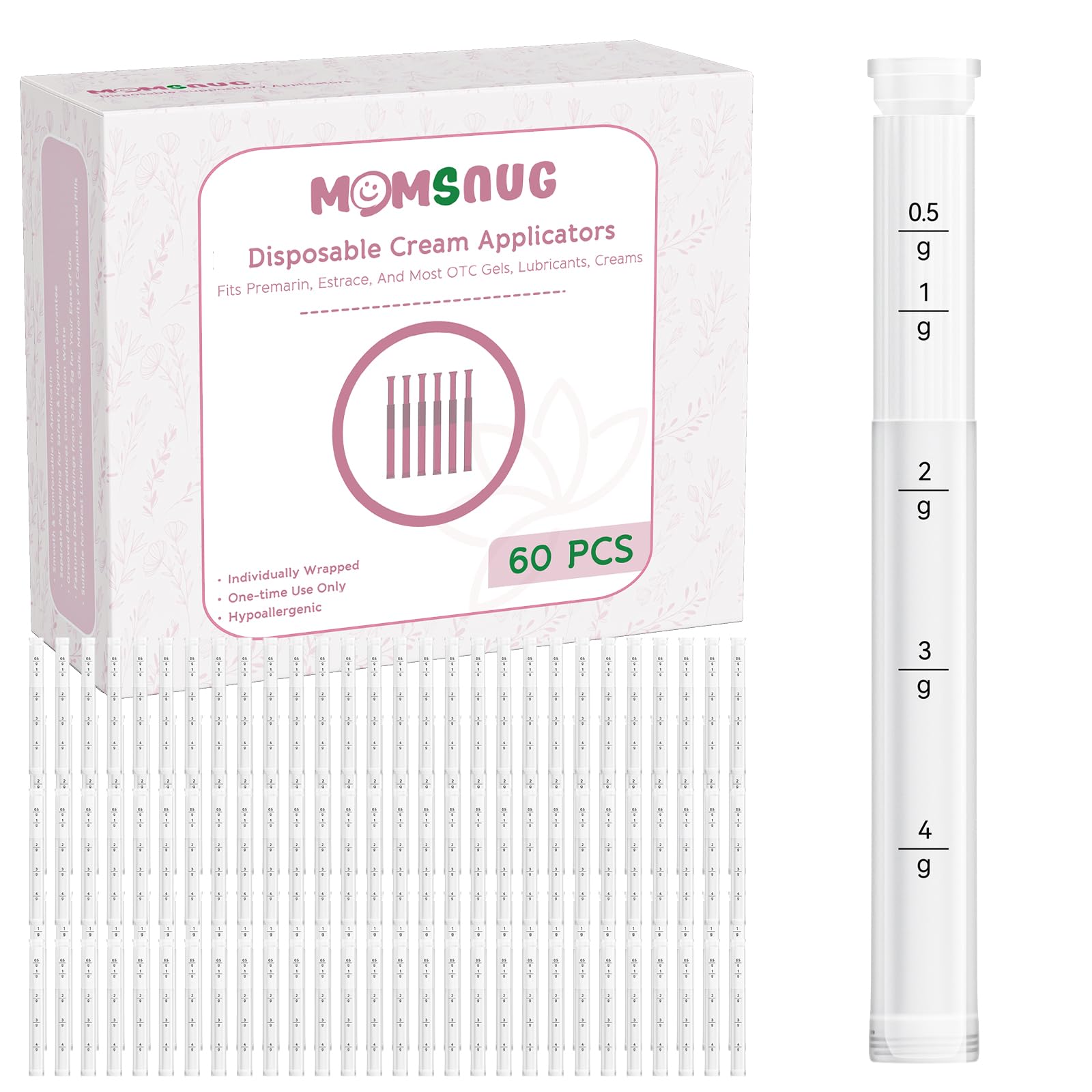 Momsnug disposable vaginal applicators with a round tip offer gentle insertion and hygiene.