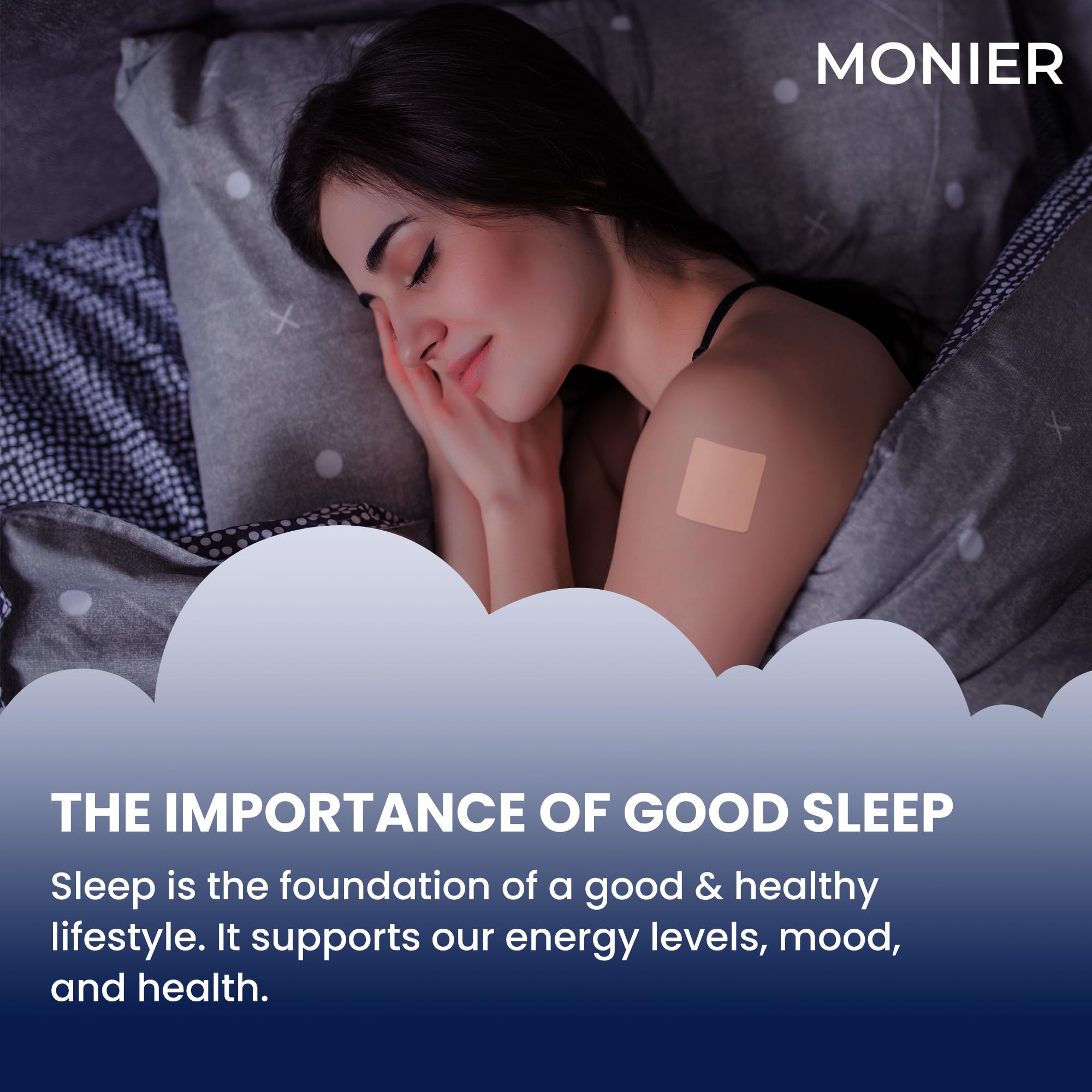 MONIER Sleep Patches on arm demonstrates easy, skin-friendly application before bedtime