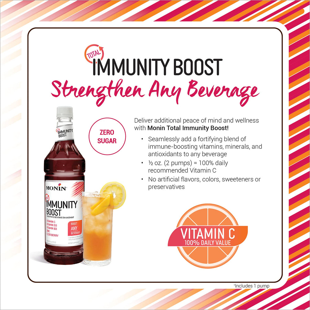 Side view of Monin Total Immunity Boost bottle with packaging next to it.