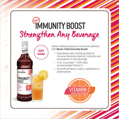 Side view of Monin Total Immunity Boost bottle with packaging next to it.