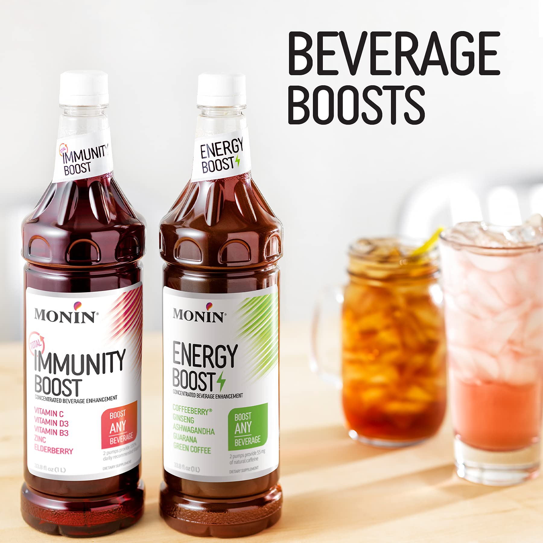 Monin Total Immunity Boost enhances drinks like lemonades or coffees.