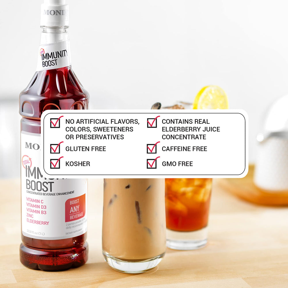 Morning kitchen setup with Monin Total Immunity Boost ready for daily use.