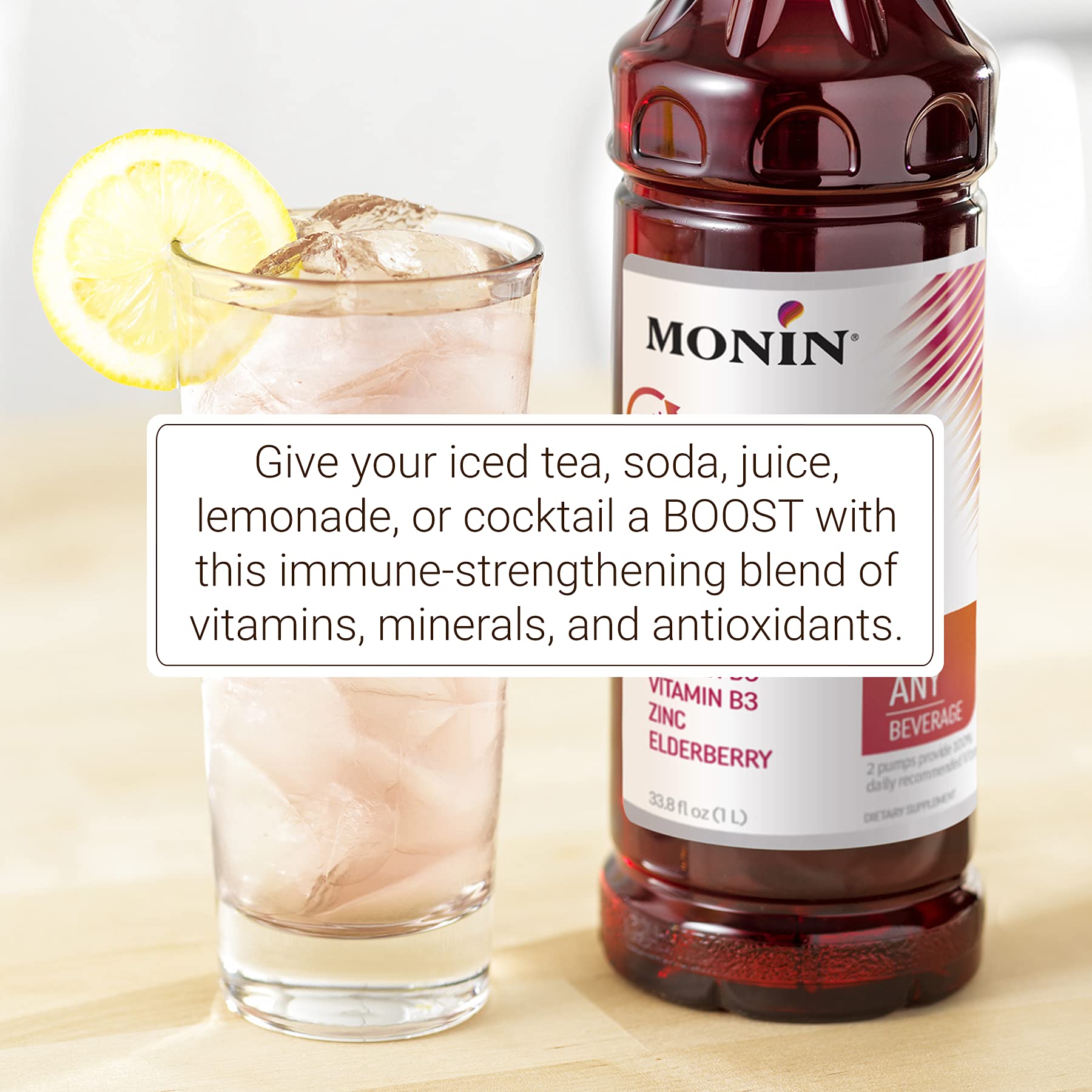 Recyclable packaging and BPA-free bottle of Monin Total Immunity Boost.