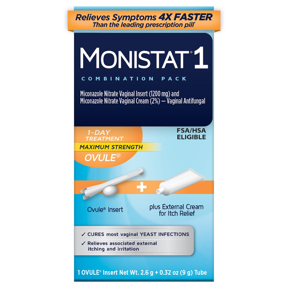 Monistat 1-Day Treatment ovule pack, convenient single-dose insert for busy days.
