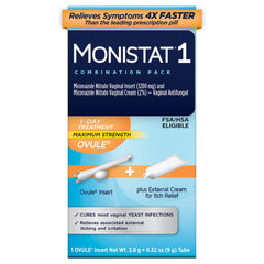 Monistat 1-Day Treatment ovule pack, convenient single-dose insert for busy days.