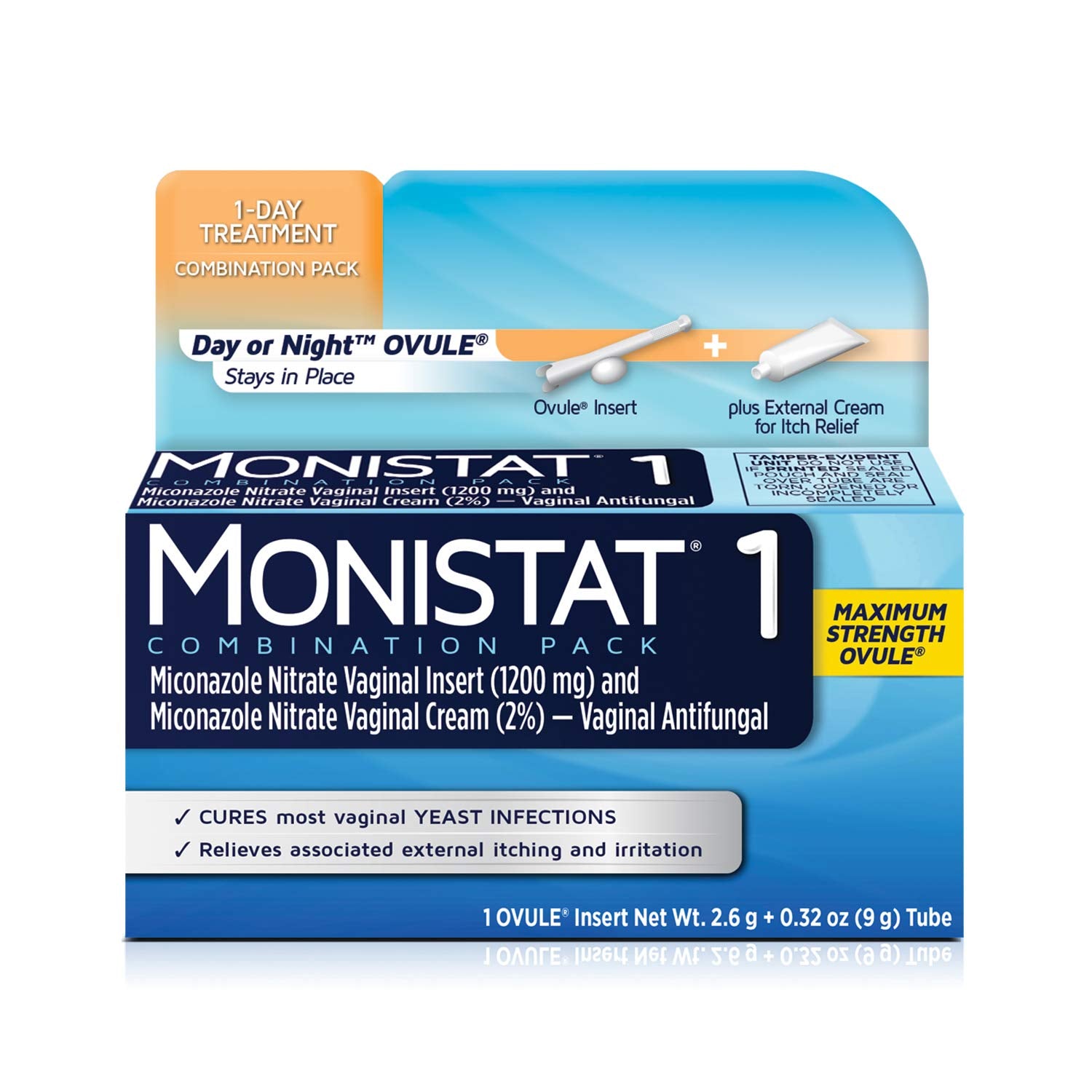 Monistat 1-Dose ovule insert package shows convenient treatment for yeast infection symptoms.