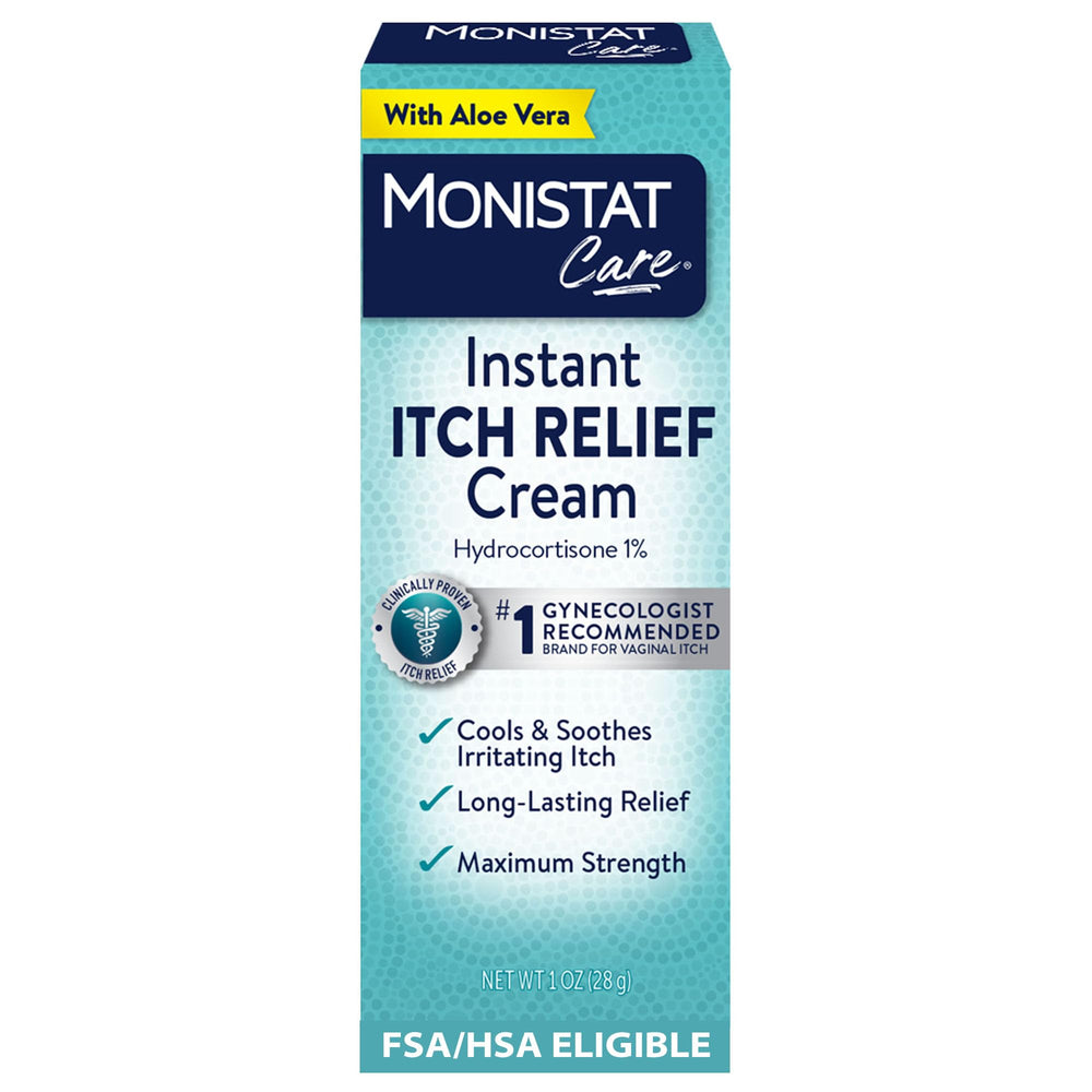 Monistat Instant Itch Relief Cream bottle shown for quick, fragrance-free itch relief.