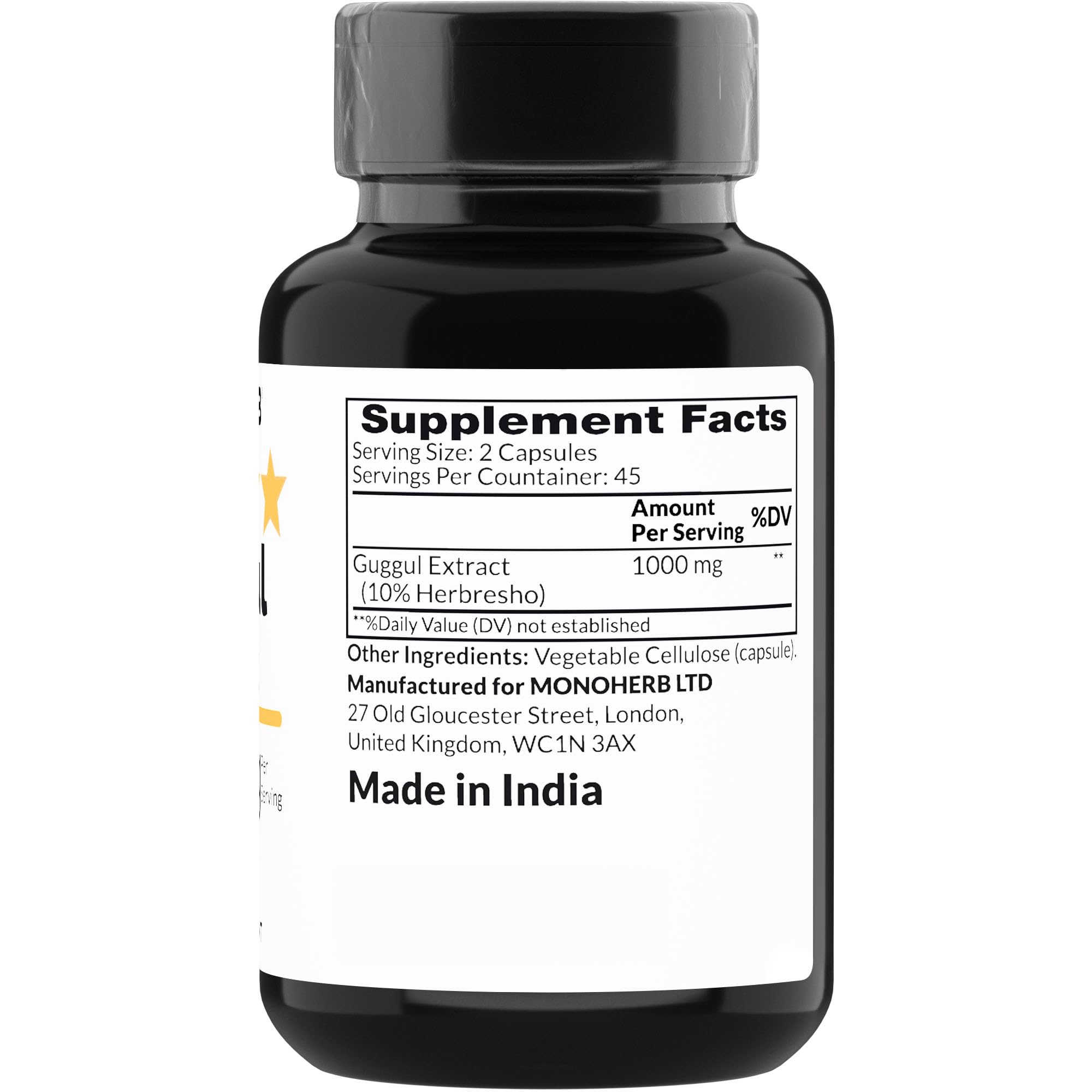 MONOHERB Guggul Extract capsules close-up highlights vegan capsules and potency.