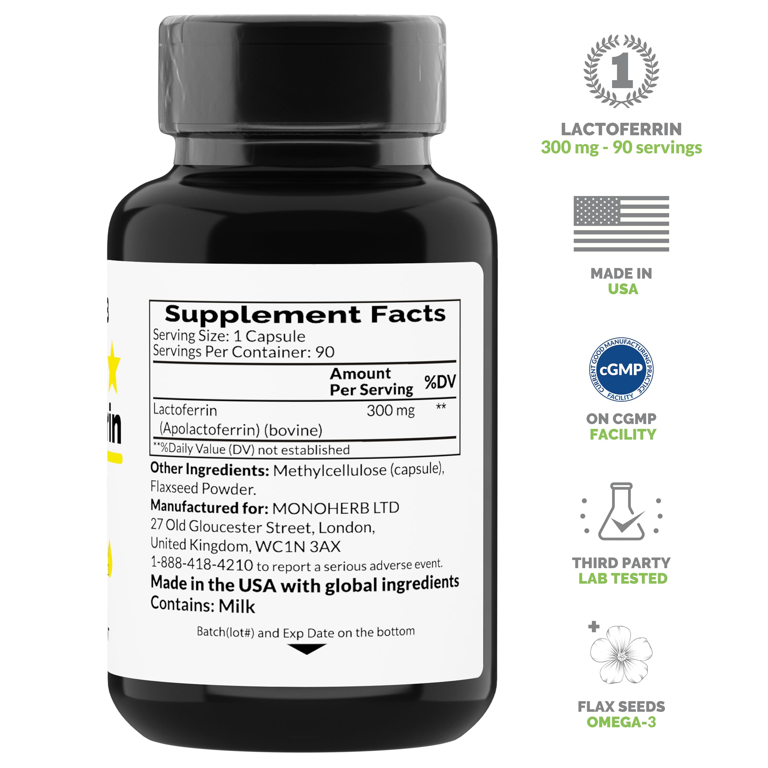 MONOHERB Lactoferrin capsule close-up highlighting 300 mg per serving.