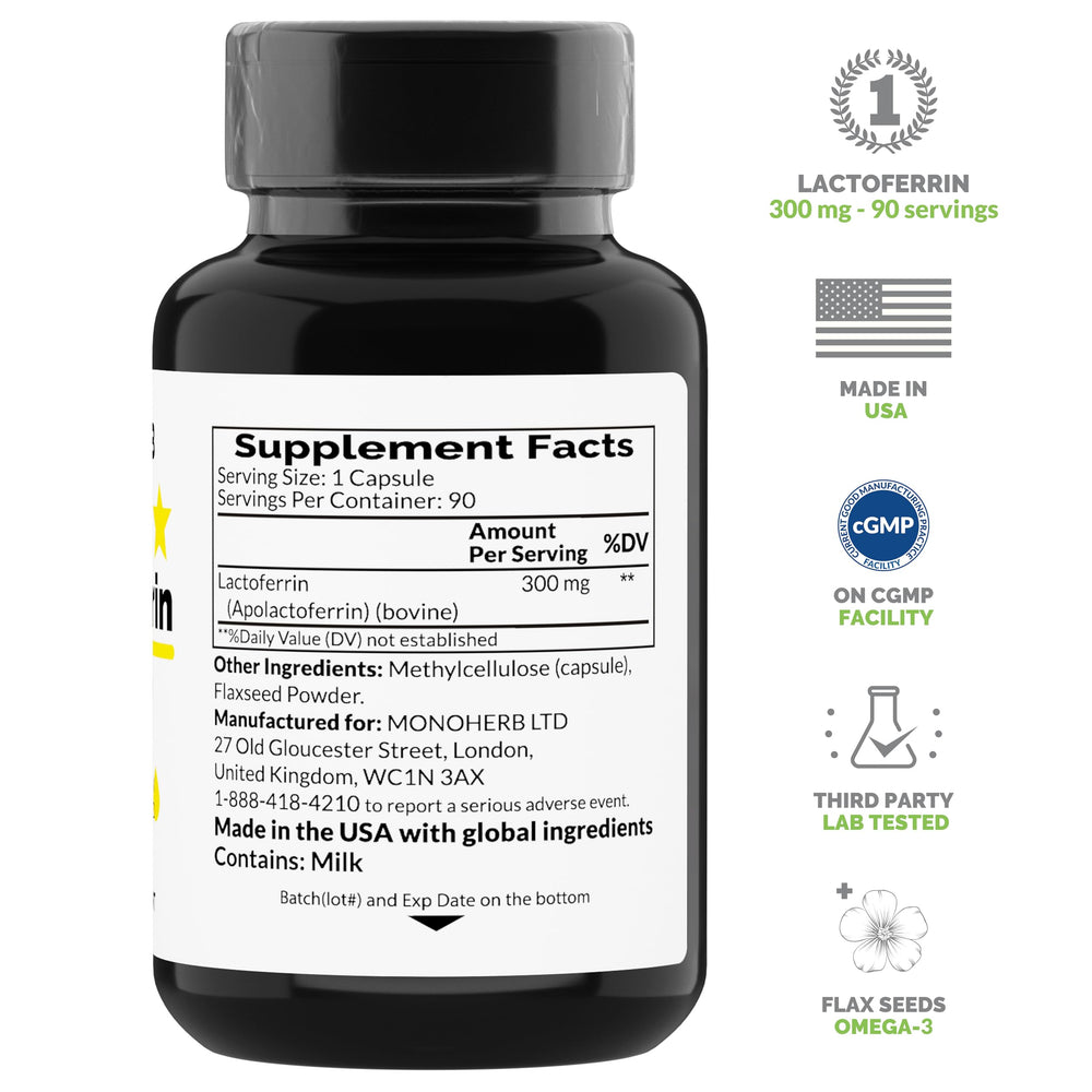 MONOHERB Lactoferrin capsule close-up highlighting 300 mg per serving.