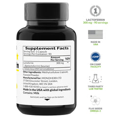 MONOHERB Lactoferrin capsule close-up highlighting 300 mg per serving.