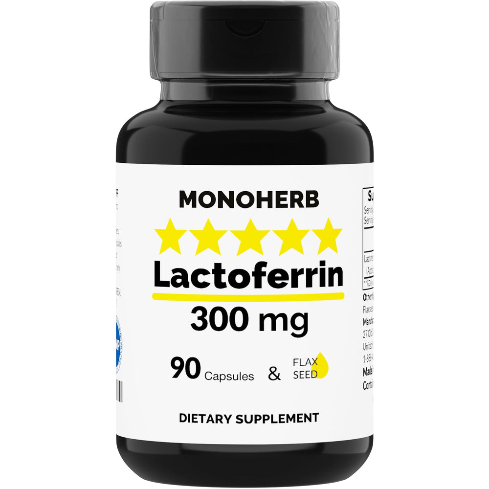 MONOHERB Lactoferrin bottle with 90 vegan capsules for digestive health and immune support.