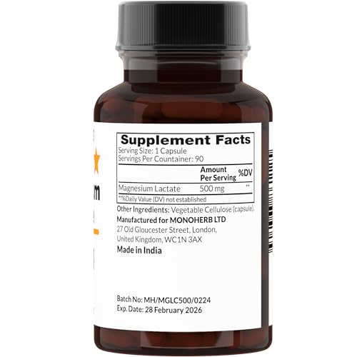 MONOHERB Magnesium Lactate capsules close-up, vegan-friendly and non-GMO.