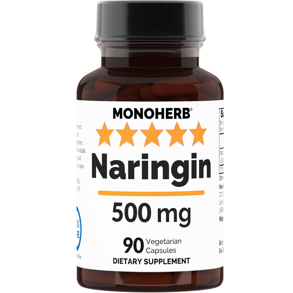 MONOHERB Naringin 500 mg bottle label highlighting a clean, pure formula.