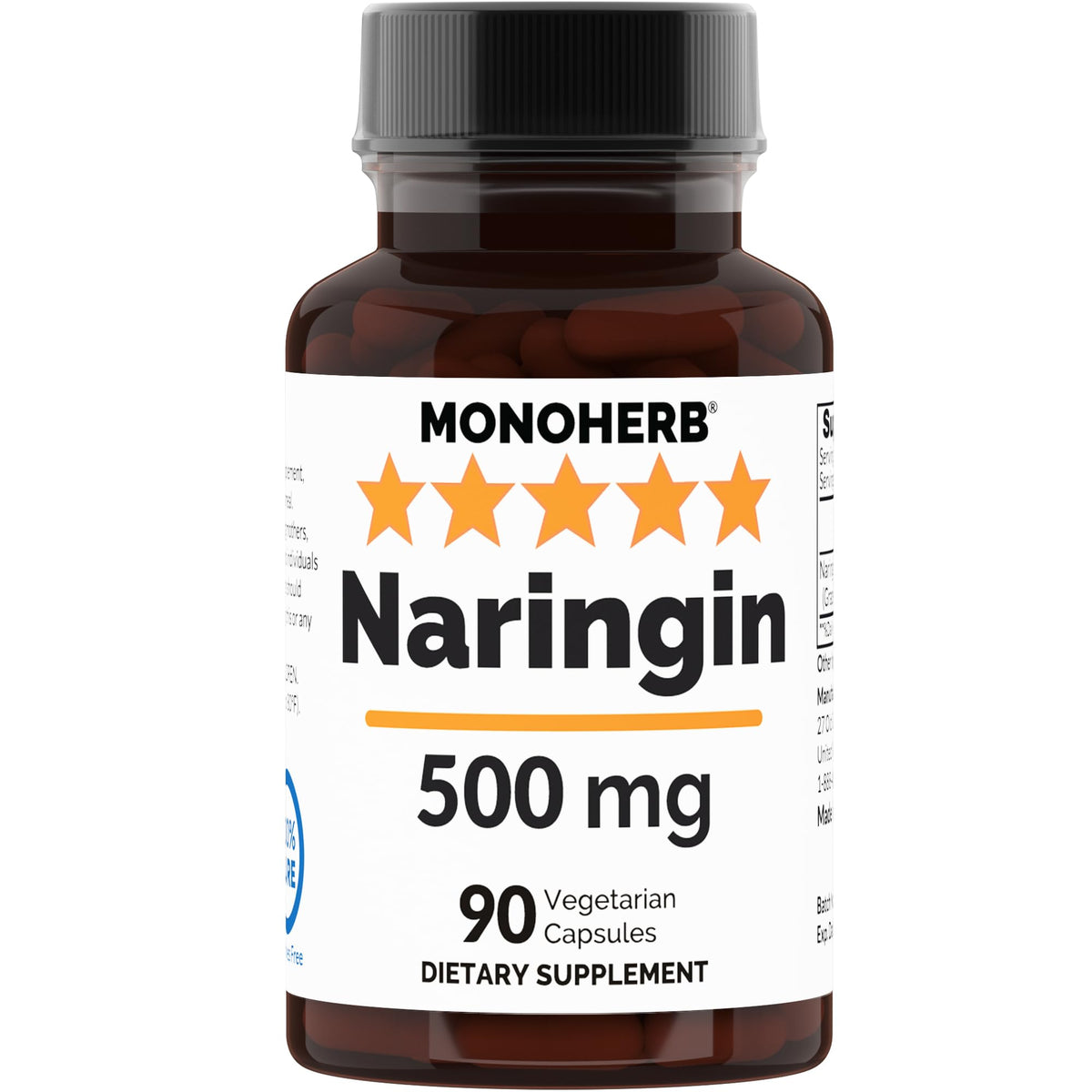 MONOHERB Naringin 500 mg bottle label highlighting a clean, pure formula.