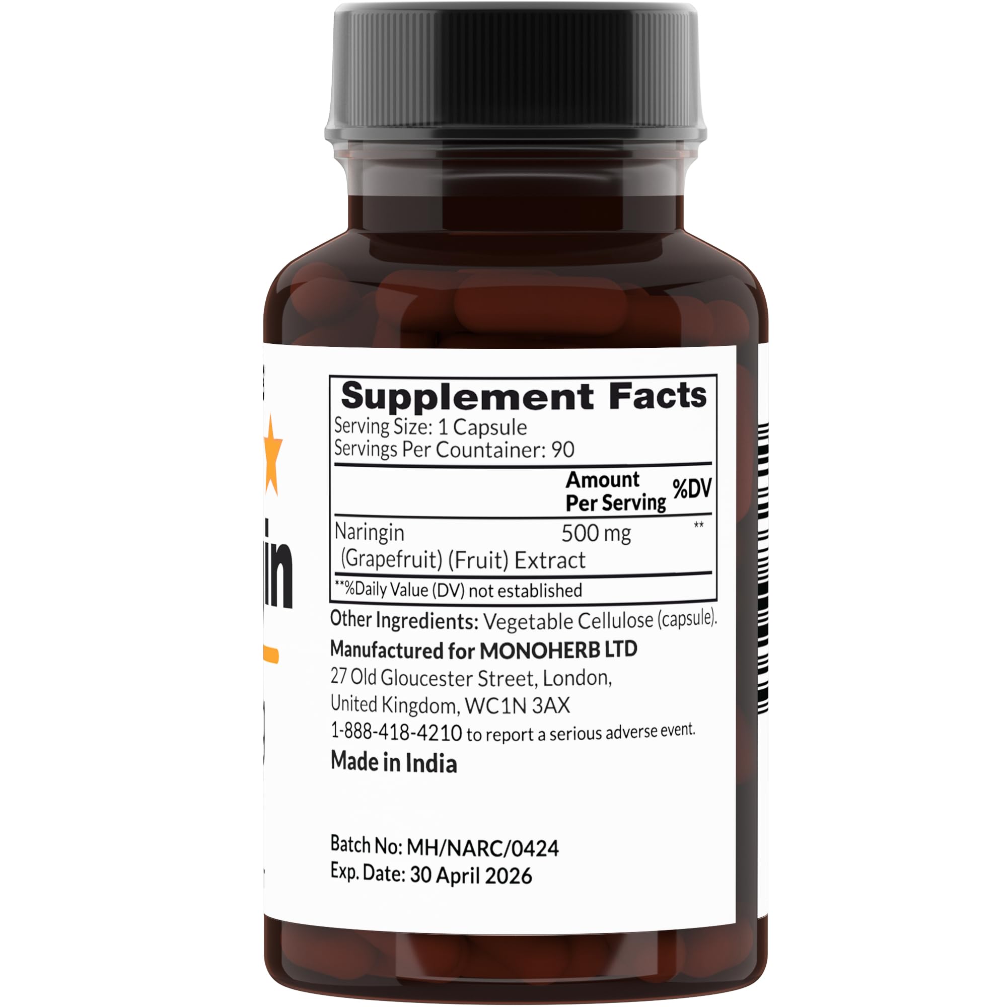 MONOHERB Naringin 500 mg capsules close-up displaying transparent veggie capsules for easy swallowing.