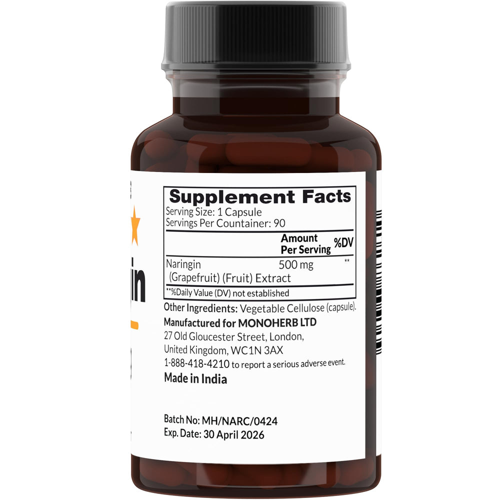 MONOHERB Naringin 500 mg capsules close-up displaying transparent veggie capsules for easy swallowing.