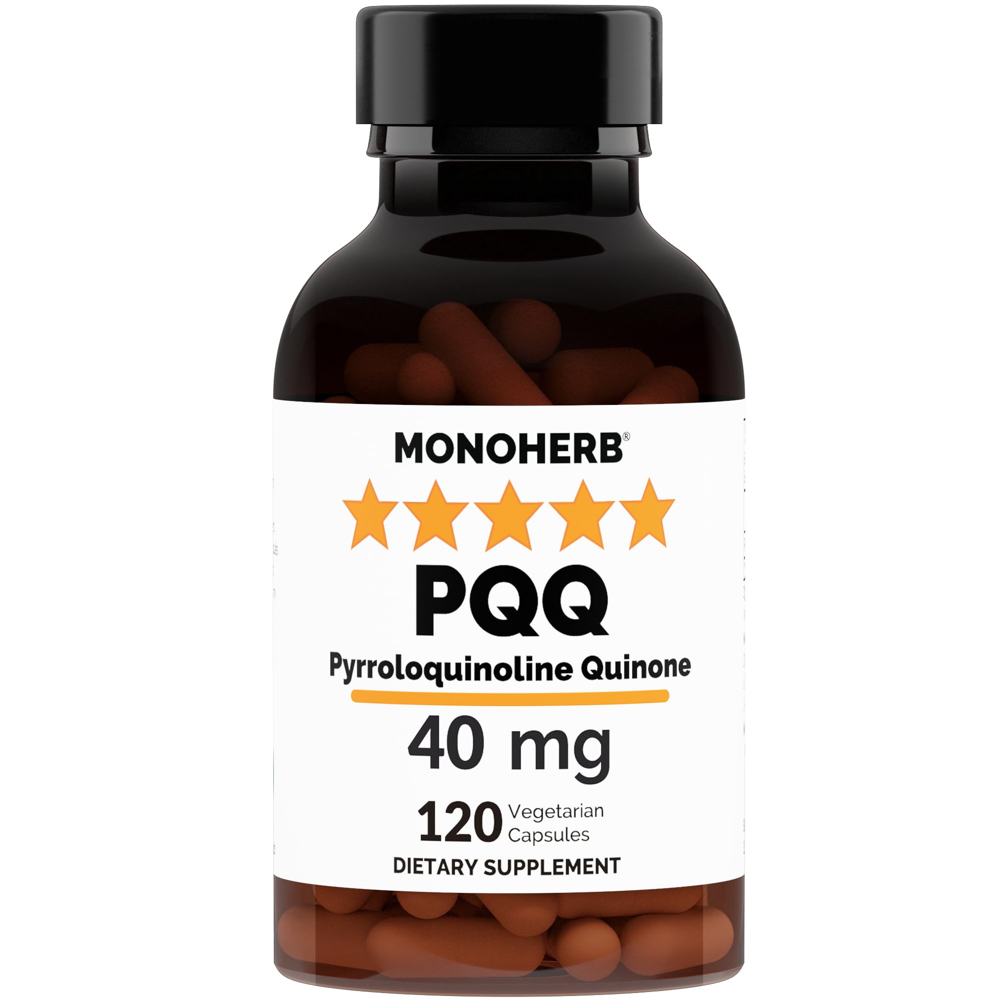 MONOHERB PQQ 40 mg bottle front, a vegan antioxidant supplement