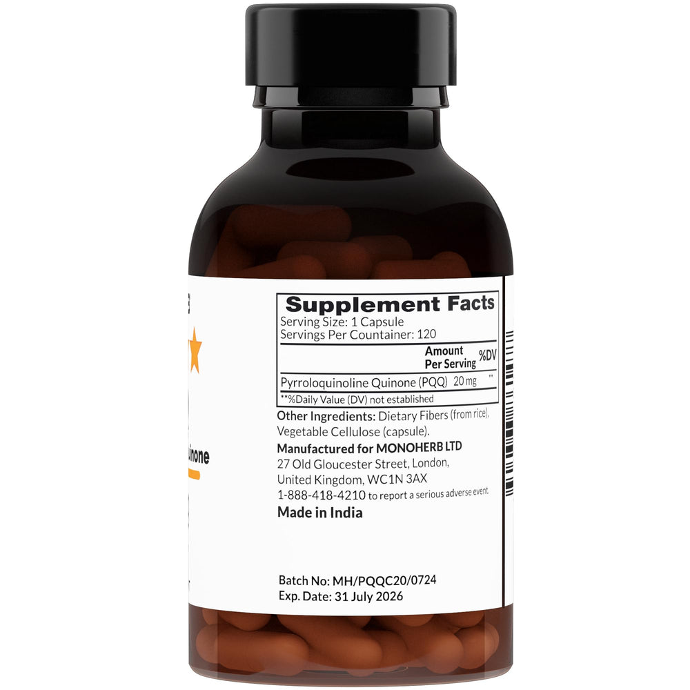 MONOHERB PQQ capsules close-up highlight vegan, allergen-free formulation.