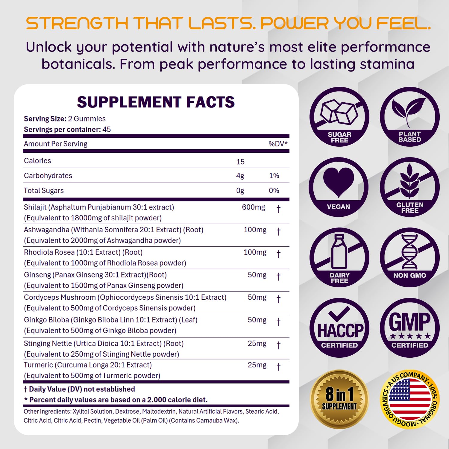 Moogǔ Organics Shilajit 30:1 extract gummies close-up for concentrated energy.
