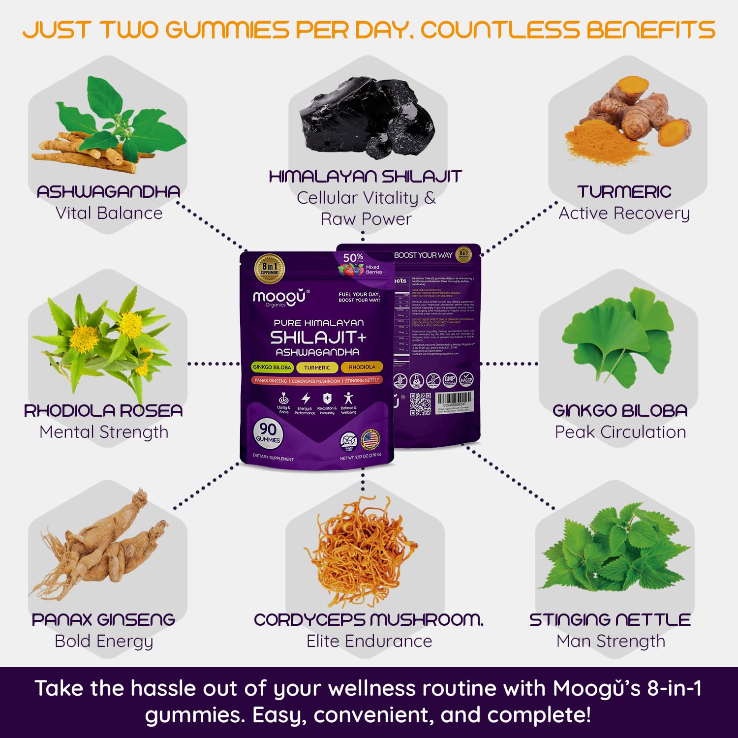 Moogǔ Organics Shilajit Cordyceps Turmeric gummies bottle promotes stamina.