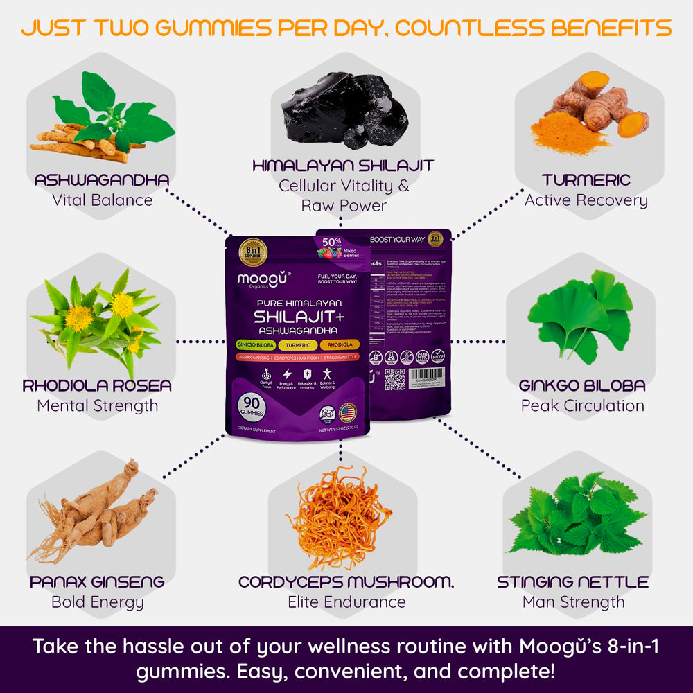 Moogǔ Organics Shilajit Cordyceps Turmeric gummies bottle promotes stamina.