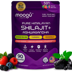 Moogǔ Organics Shilajit gummies bottle for daily energy support.