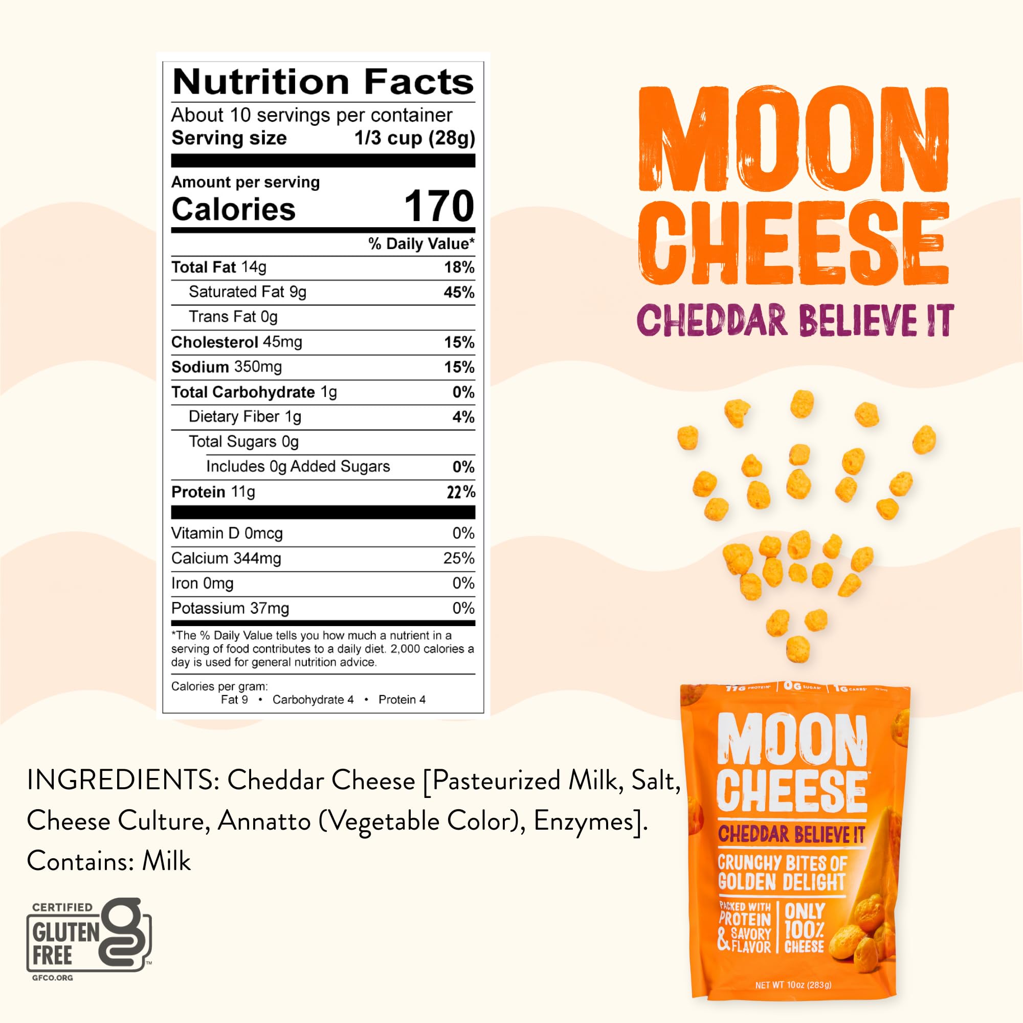 Moon Cheese Cheddar Believe It provides 11g protein per serving for sustained energy