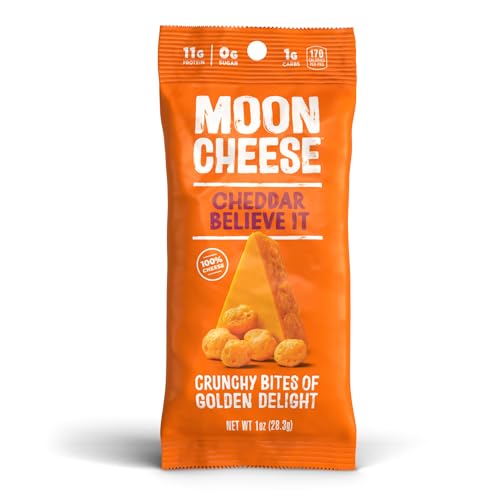 Moon Cheese Cheddar Believe It texture close-up emphasizing cheddar crunch